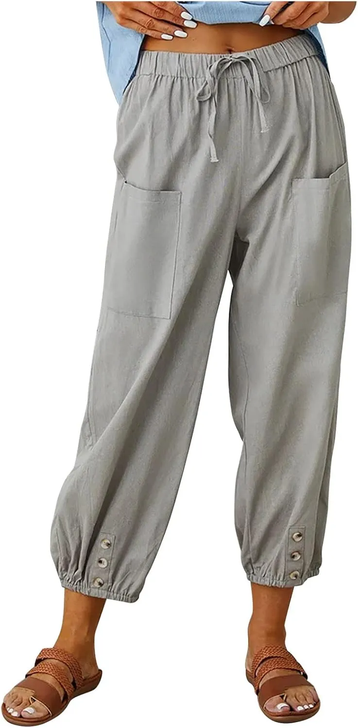 Ceboyel Womens Drawstring Linen Pants High Waist Boho Pant Summer Casual Trousers Dressy Casual Beach Outfits 2023