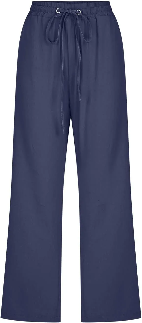 Ceboyel Womens Linen Crop Capris Drawstring Summer Pants Elastic Waist Trousers Casual Loose Summer Beach Outfits 2023