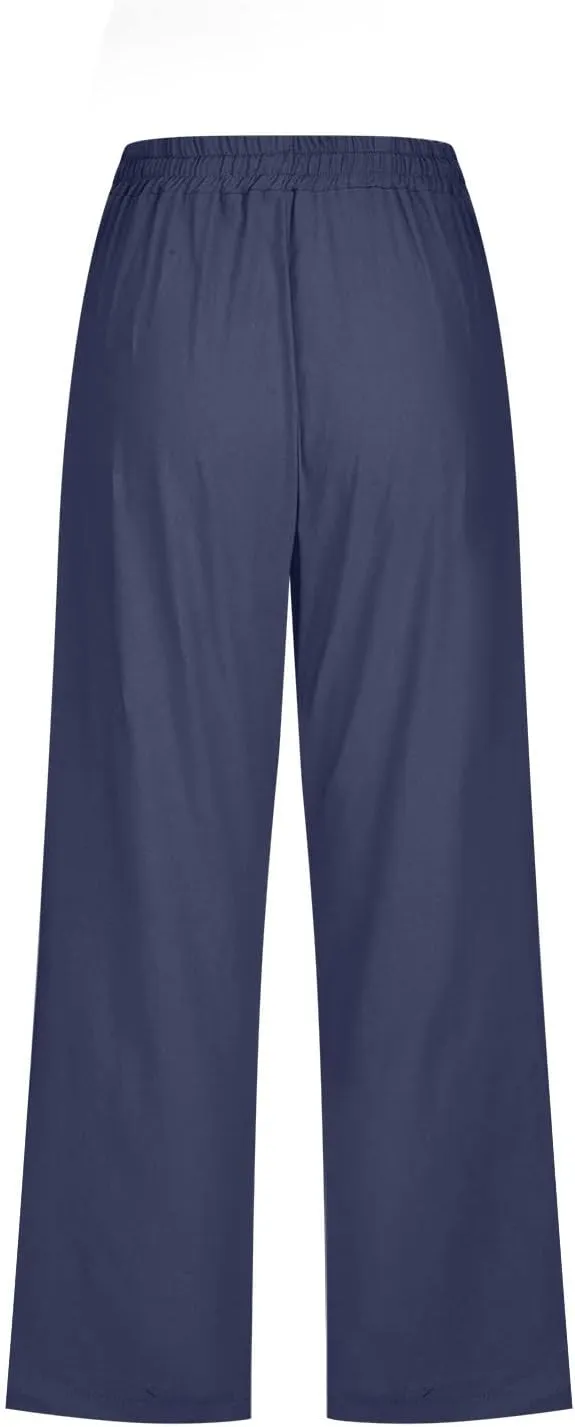 Ceboyel Womens Linen Crop Capris Drawstring Summer Pants Elastic Waist Trousers Casual Loose Summer Beach Outfits 2023