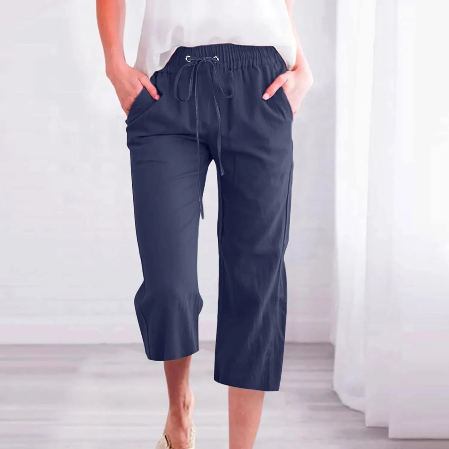 Ceboyel Womens Linen Crop Capris Drawstring Summer Pants Elastic Waist Trousers Casual Loose Summer Beach Outfits 2023