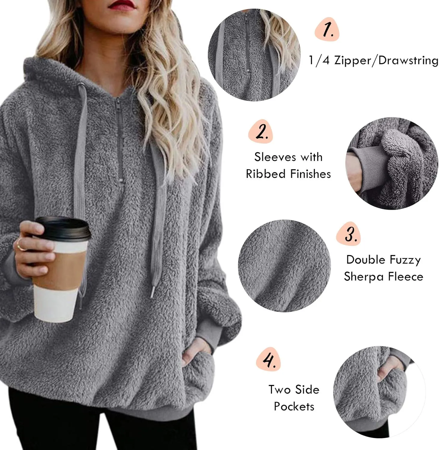 Century Star Womens Hoodies Fuzzy Hooded Sweatshirt Zipper Fleece Hoodie Pullover Sherpa Sweater Fluffy Coat