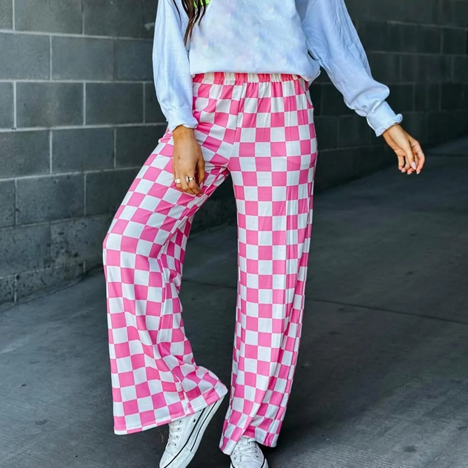 Checkered Pants for Women Elastic High Waist Wide Leg Lounge Pants Straight Loose Fit Plaid Trousers with Pockets
