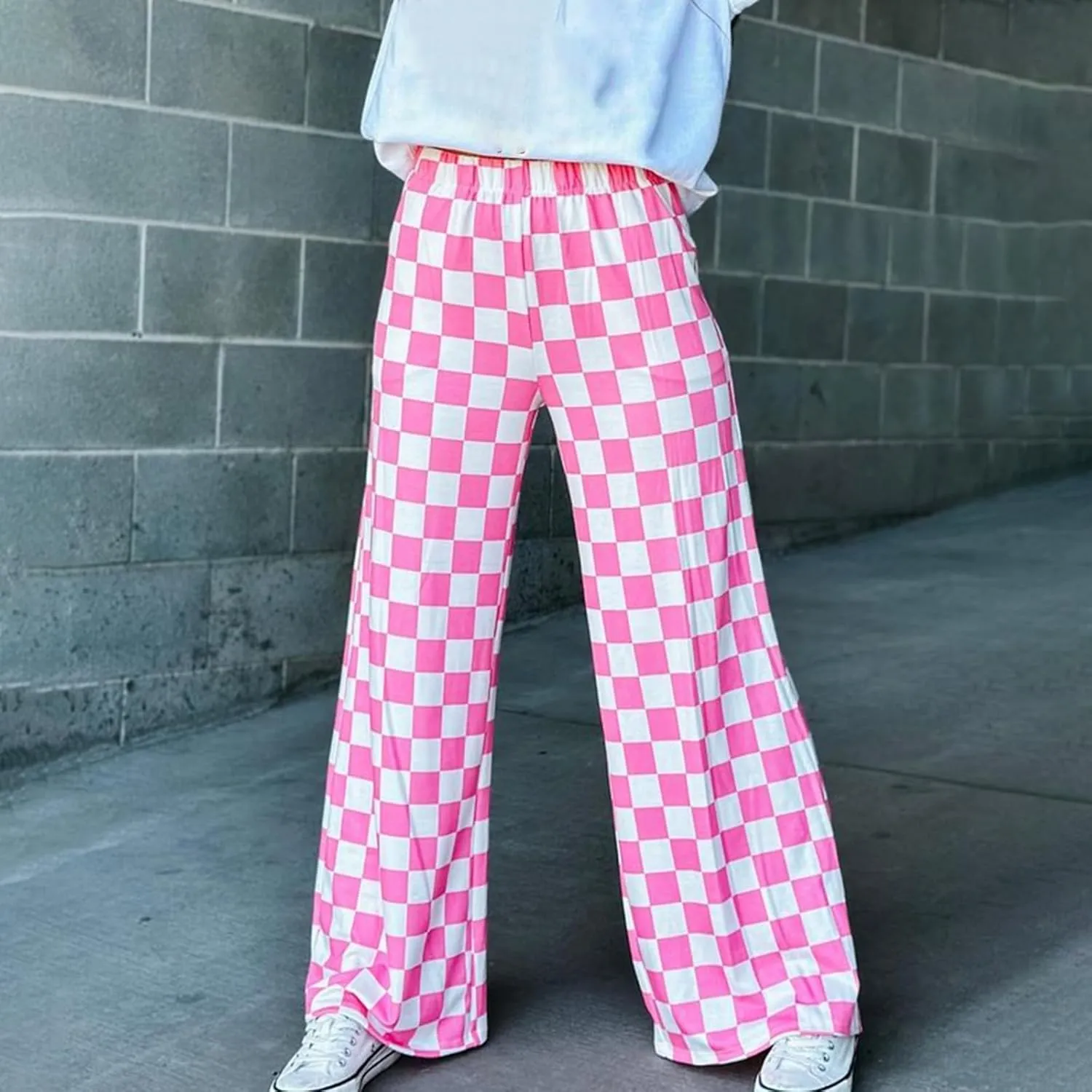 Checkered Pants for Women Elastic High Waist Wide Leg Lounge Pants Straight Loose Fit Plaid Trousers with Pockets