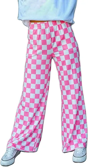 Checkered Pants for Women Elastic High Waist Wide Leg Lounge Pants Straight Loose Fit Plaid Trousers with Pockets