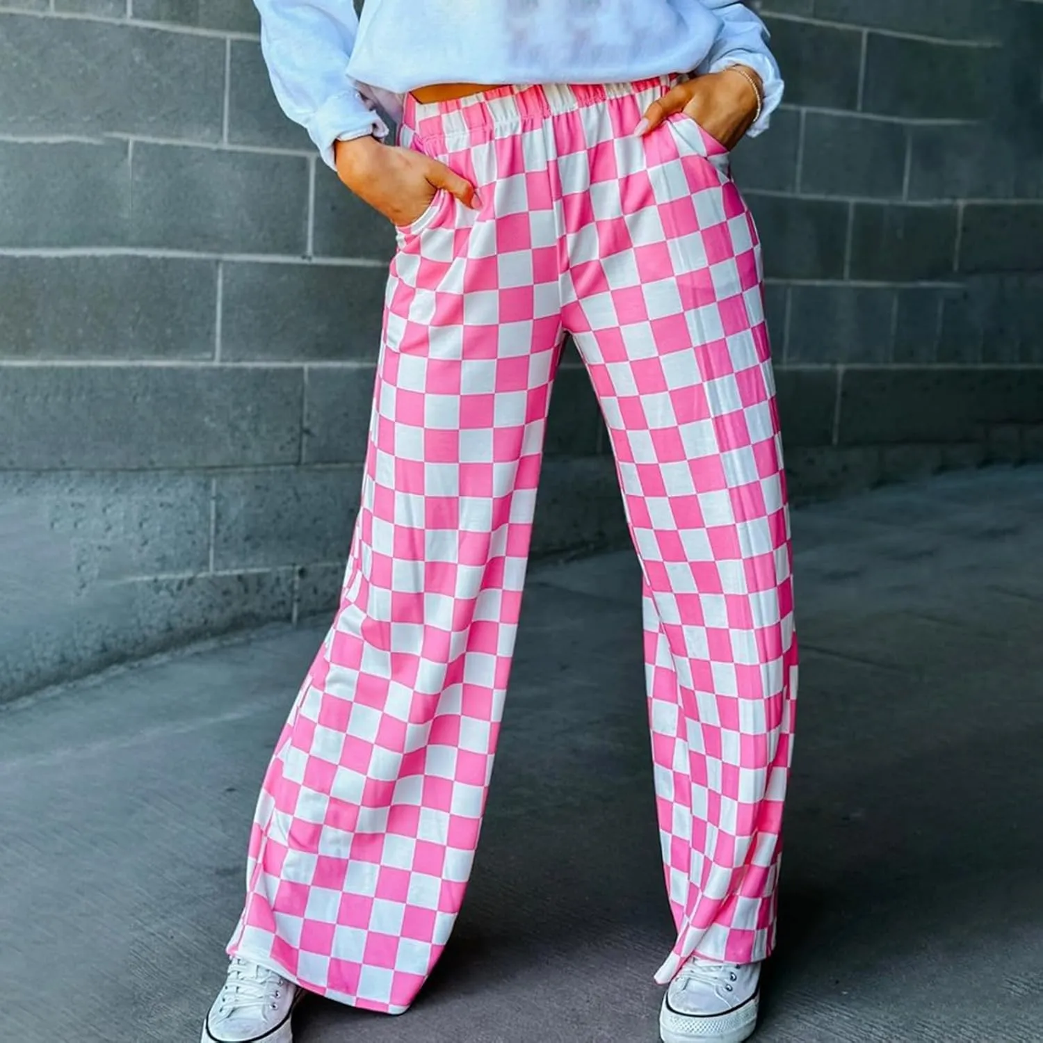 Checkered Pants for Women Elastic High Waist Wide Leg Lounge Pants Straight Loose Fit Plaid Trousers with Pockets