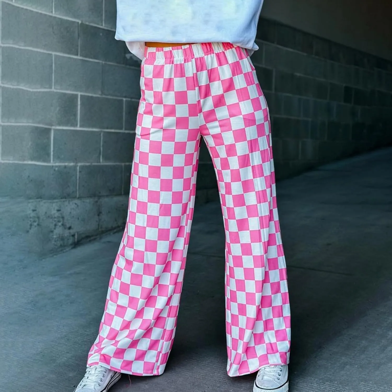Checkered Pants for Women Elastic High Waist Wide Leg Lounge Pants Straight Loose Fit Plaid Trousers with Pockets