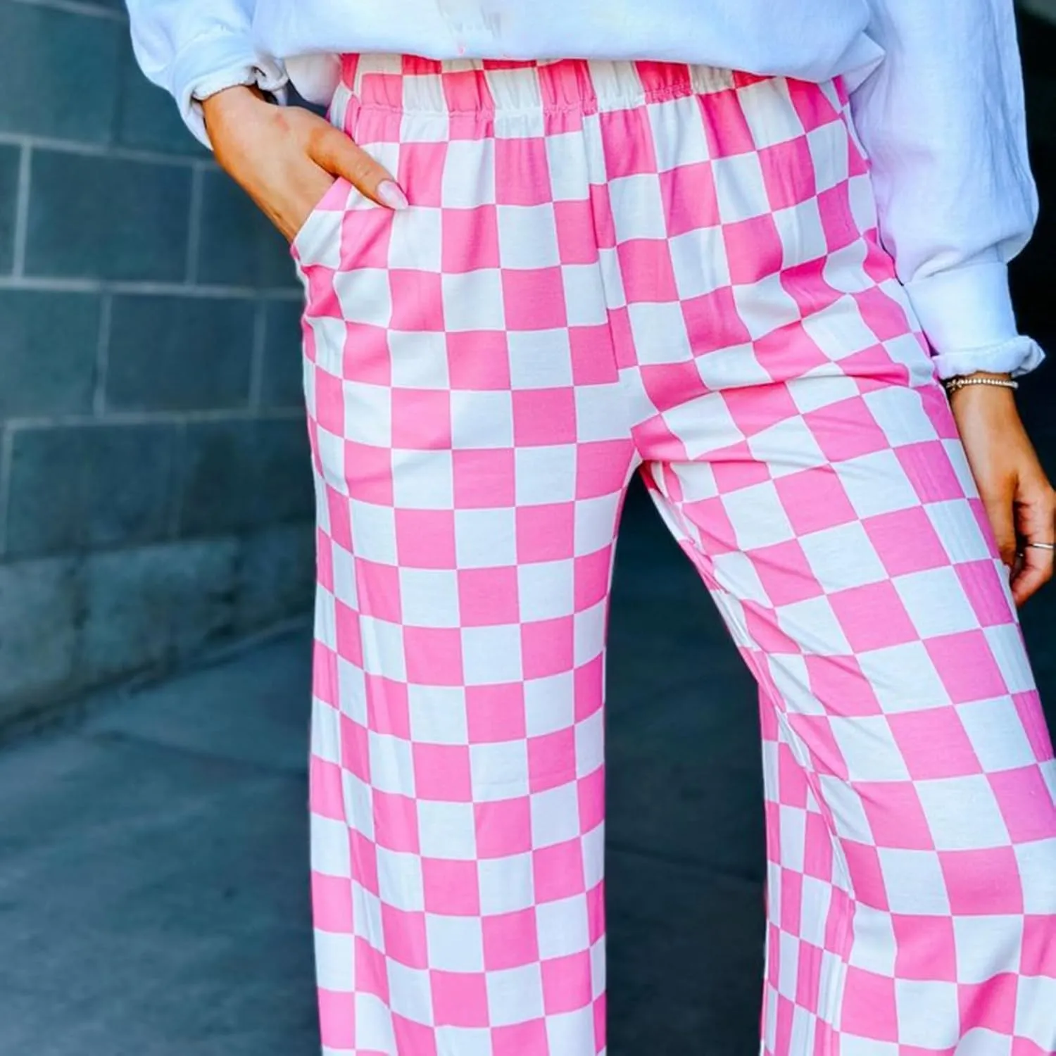 Checkered Pants for Women Elastic High Waist Wide Leg Lounge Pants Straight Loose Fit Plaid Trousers with Pockets