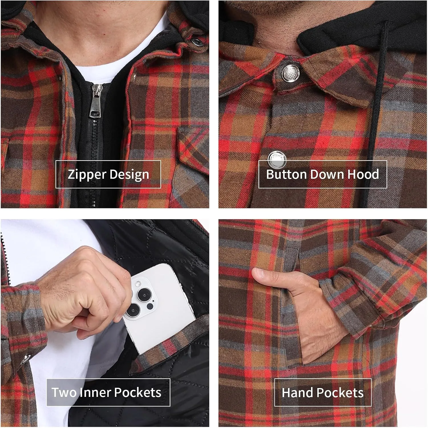 CHEXPEL Flannel Jackets for Men Long Sleeve Plaid Shirt Jacket Quilt Lined Hooded with Button Down Winter Coat