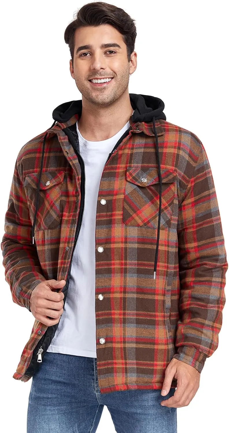 CHEXPEL Flannel Jackets for Men Long Sleeve Plaid Shirt Jacket Quilt Lined Hooded with Button Down Winter Coat