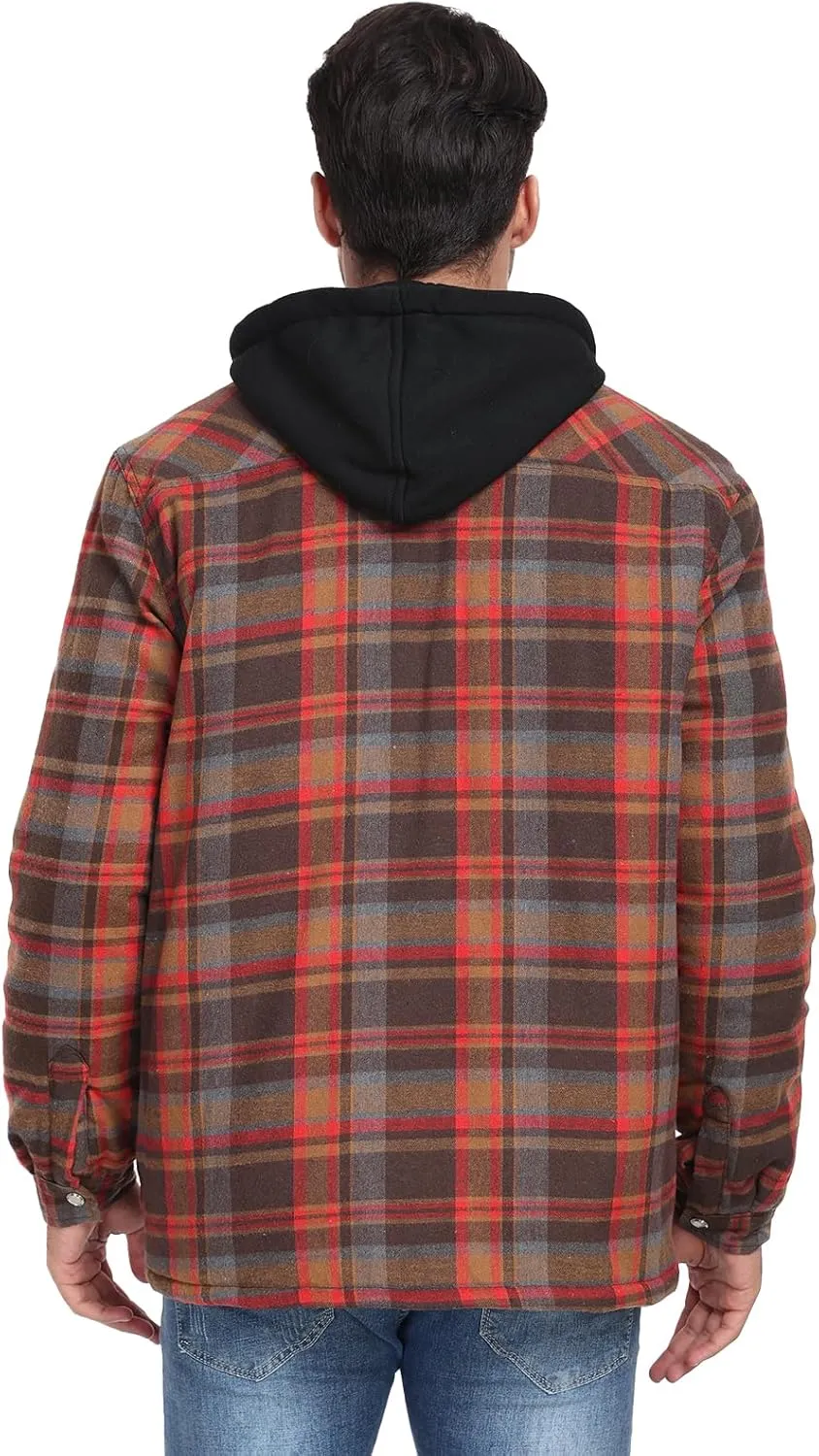 CHEXPEL Flannel Jackets for Men Long Sleeve Plaid Shirt Jacket Quilt Lined Hooded with Button Down Winter Coat