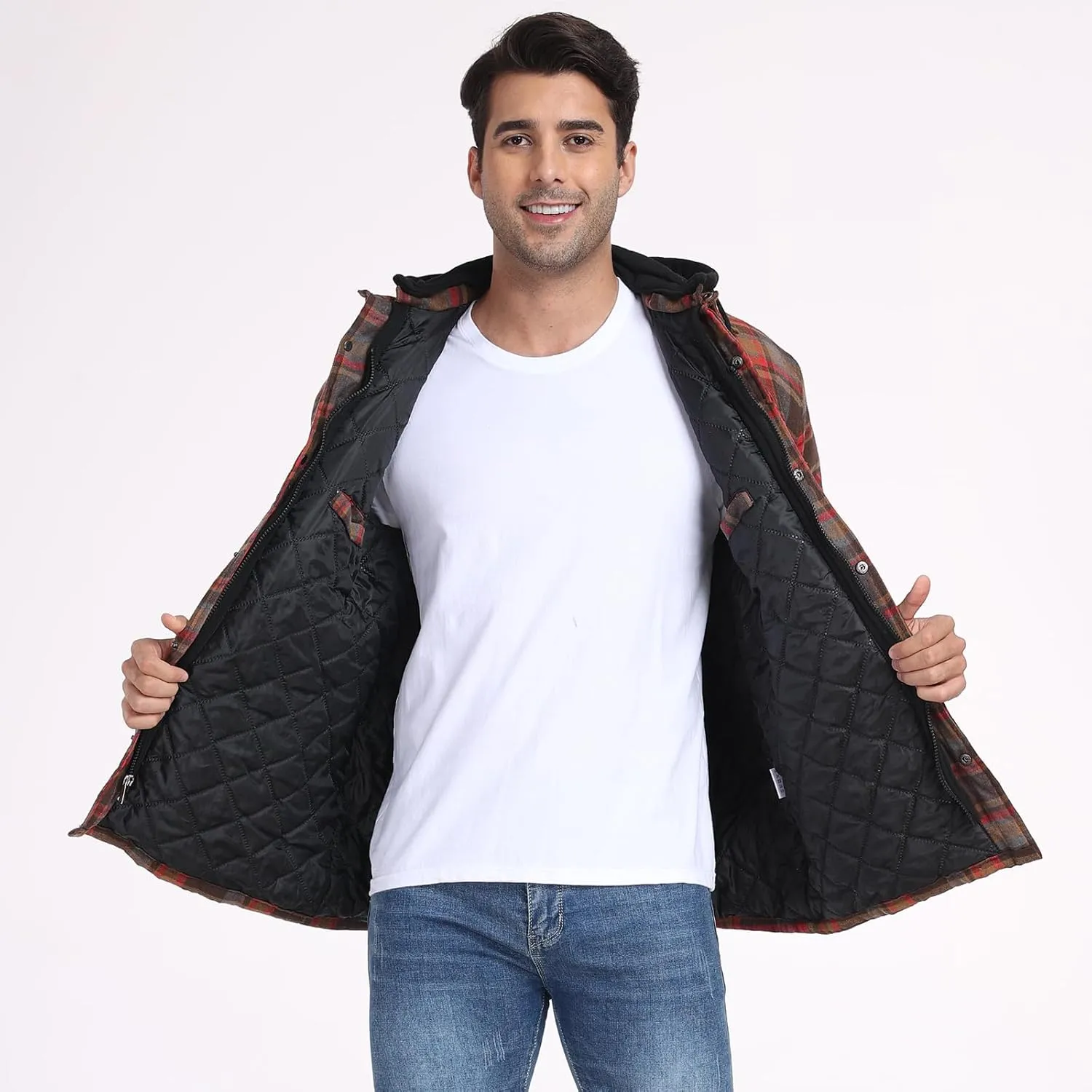 CHEXPEL Flannel Jackets for Men Long Sleeve Plaid Shirt Jacket Quilt Lined Hooded with Button Down Winter Coat
