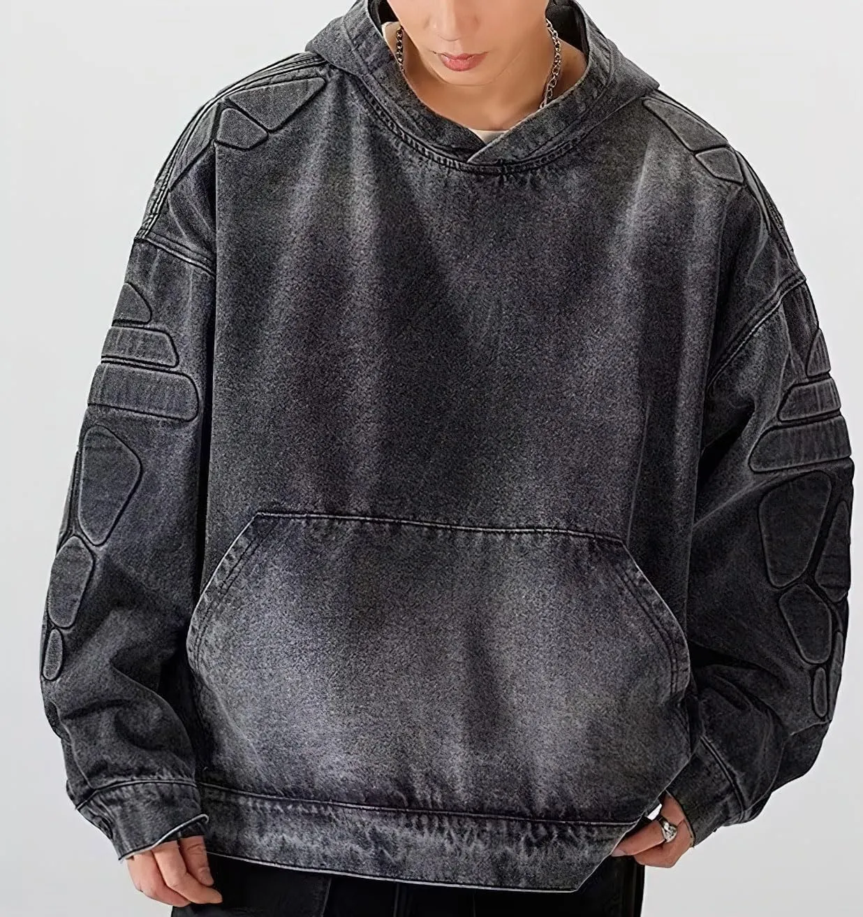 chouyatou Men's Vintage Denim Pullover Hoodie Jacket Distressed Hooded Oversized Jean Jacket Sweatshirt Tops