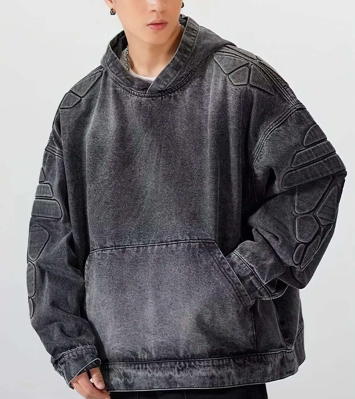 chouyatou Men's Vintage Denim Pullover Hoodie Jacket Distressed Hooded Oversized Jean Jacket Sweatshirt Tops