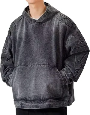 chouyatou Men's Vintage Denim Pullover Hoodie Jacket Distressed Hooded Oversized Jean Jacket Sweatshirt Tops