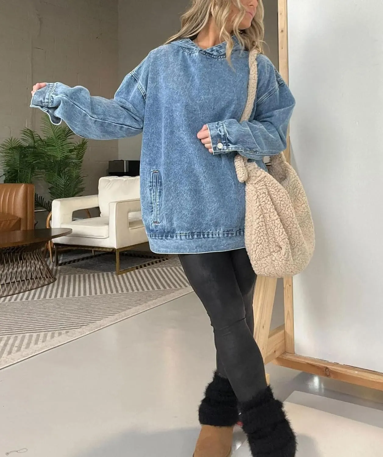 chouyatou Women's Casual Pullover Denim Jacket Vintage Distressed Jean Hoodie Jacket Tops