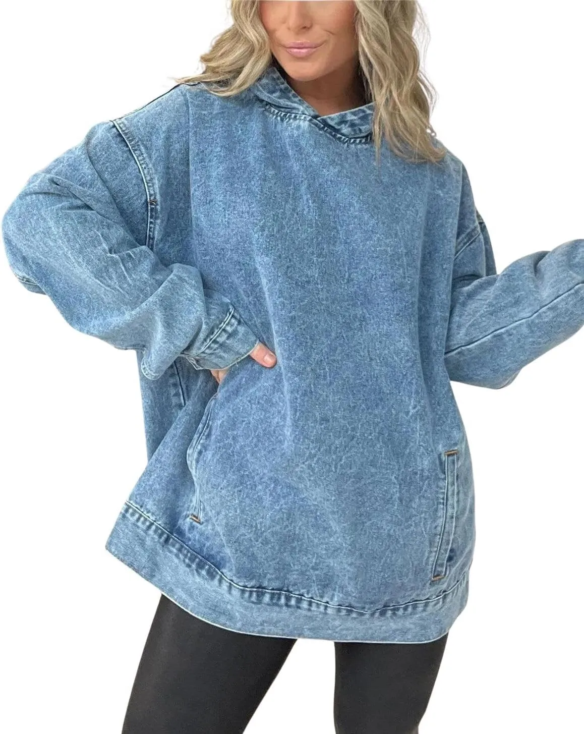 chouyatou Women's Casual Pullover Denim Jacket Vintage Distressed Jean Hoodie Jacket Tops
