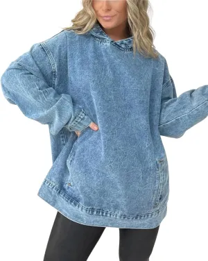 chouyatou Women's Casual Pullover Denim Jacket Vintage Distressed Jean Hoodie Jacket Tops