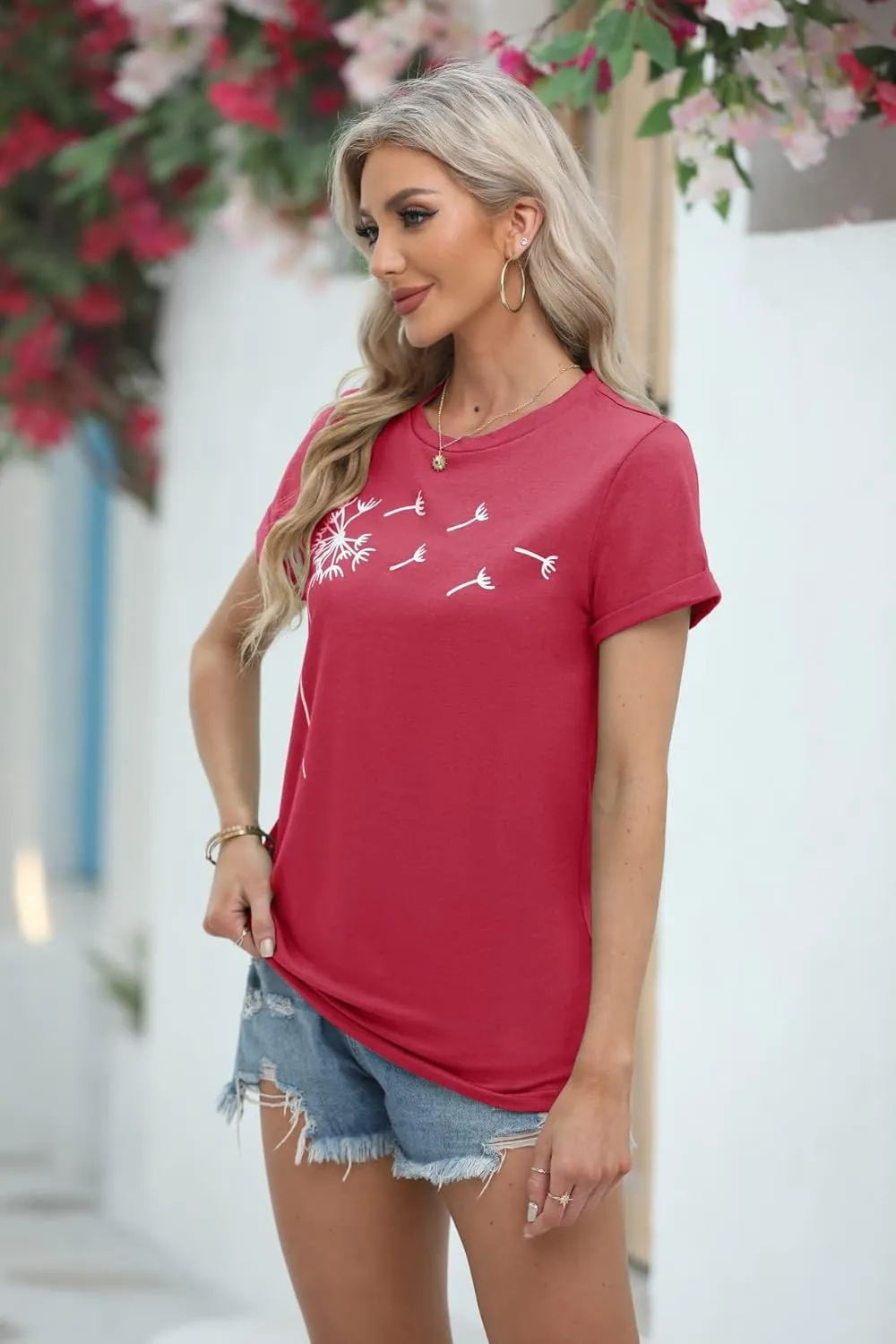 Cicy Bell Women's Dandelion Print T Shirts Cute Graphic Tees Short Sleeve Summer Cotton Tee Tops