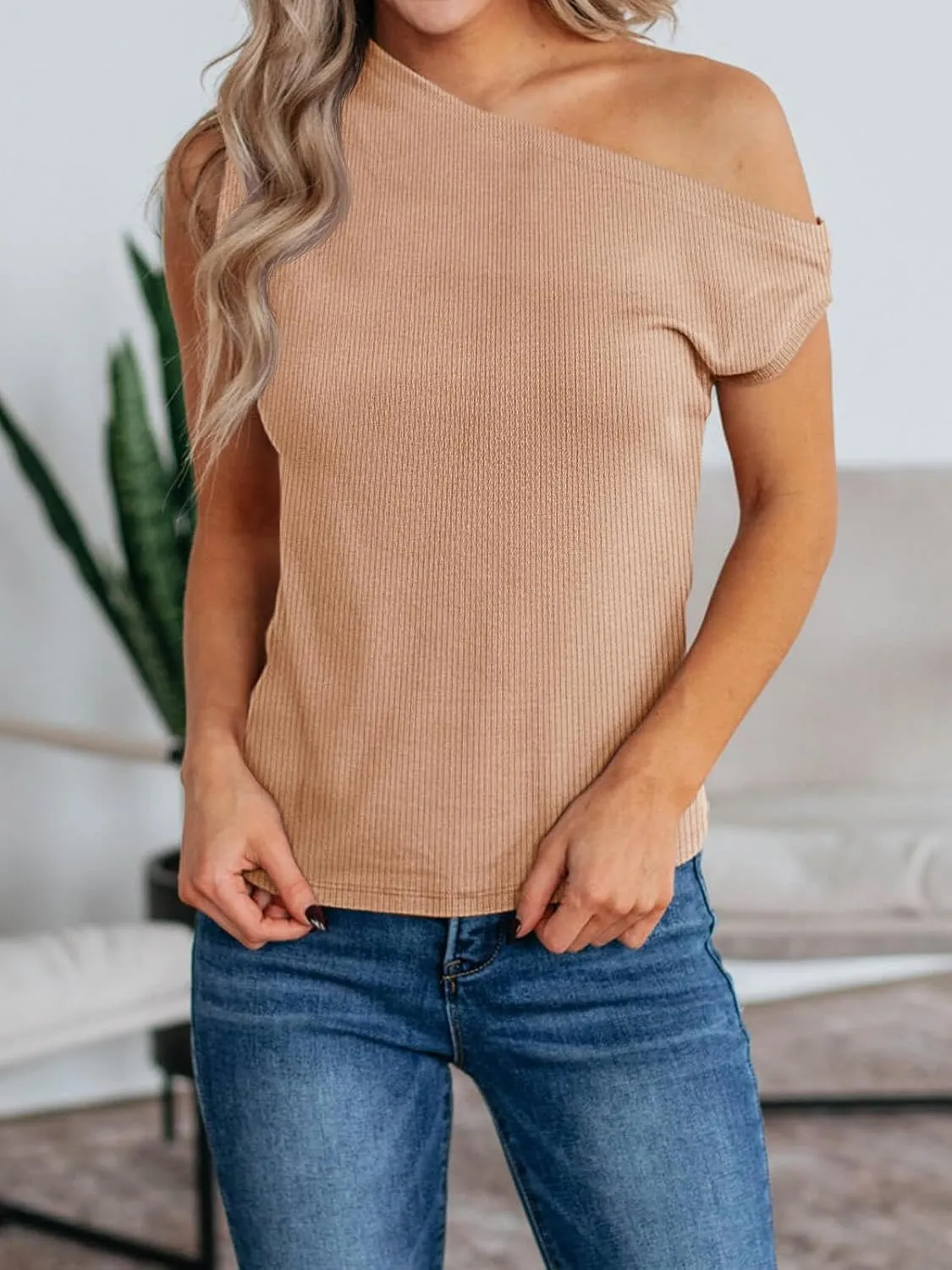 Cicy Bell Womens Off One Shoulder Tops Summer Ribbed Knit Tank Tops Trendy Casual Loose Fit Sleeveless Tee Shirts
