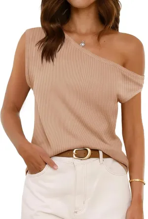 Cicy Bell Womens Off One Shoulder Tops Summer Ribbed Knit Tank Tops Trendy Casual Loose Fit Sleeveless Tee Shirts
