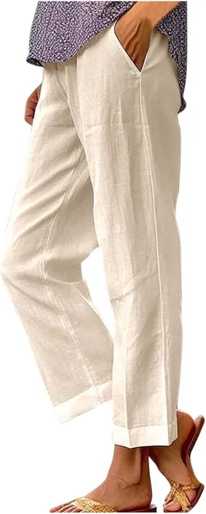 Comfy Linen Pants Women Casual 2025 Summer Pants Drawstring Hight Waist Lightweight Loose Fit Trousers with Pockets