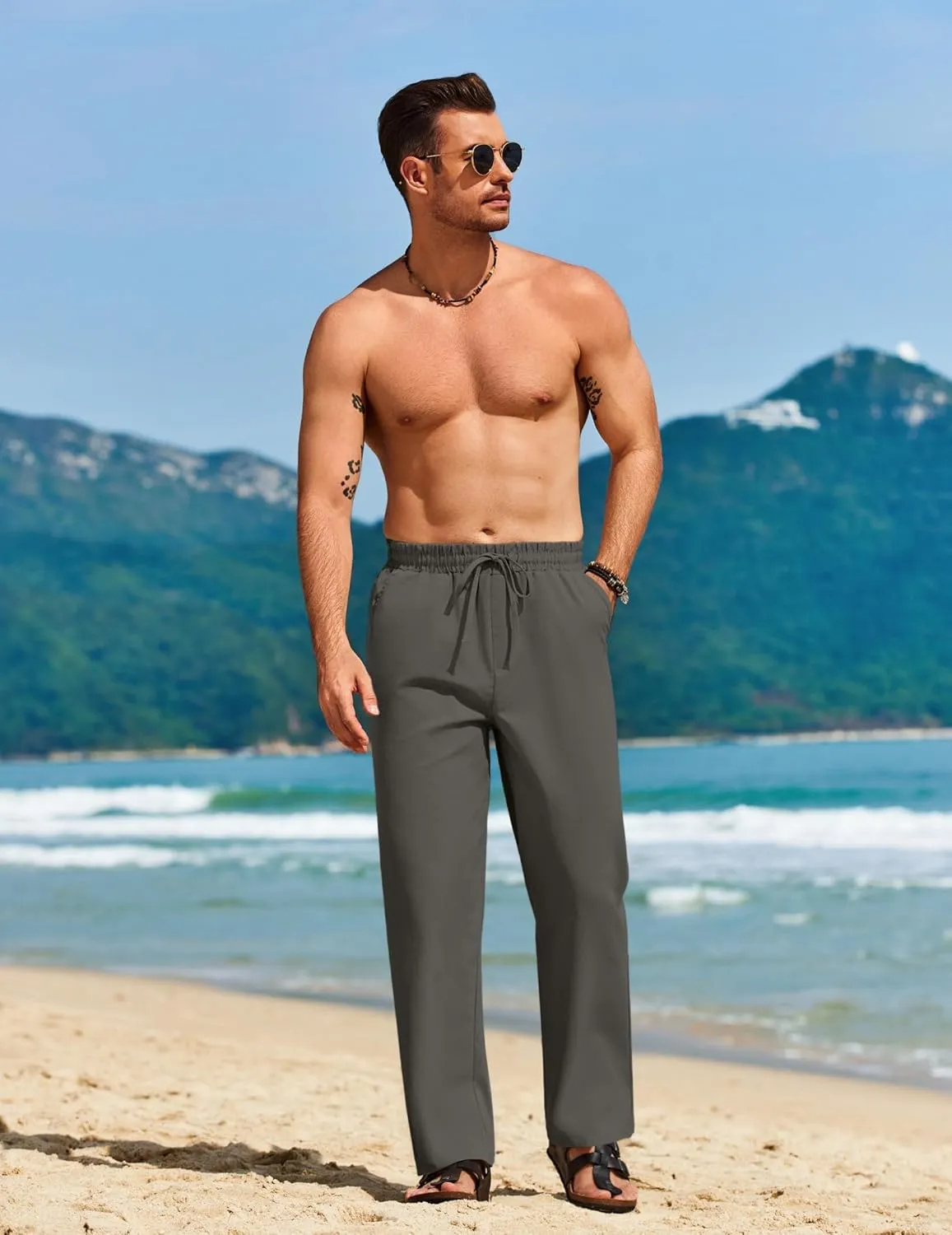 COOFANDY Men's Casual Linen Pants Loose Fit Elastic Waist Drawstring Lightweight Pant Summer Beach Trousers