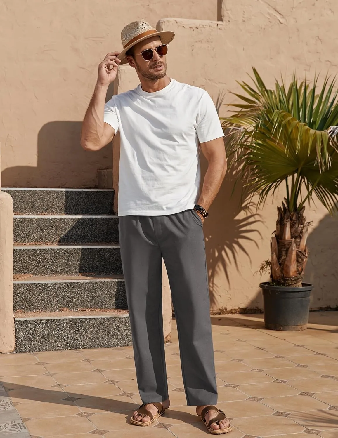 COOFANDY Men's Casual Linen Pants Loose Fit Elastic Waist Drawstring Lightweight Pant Summer Beach Trousers