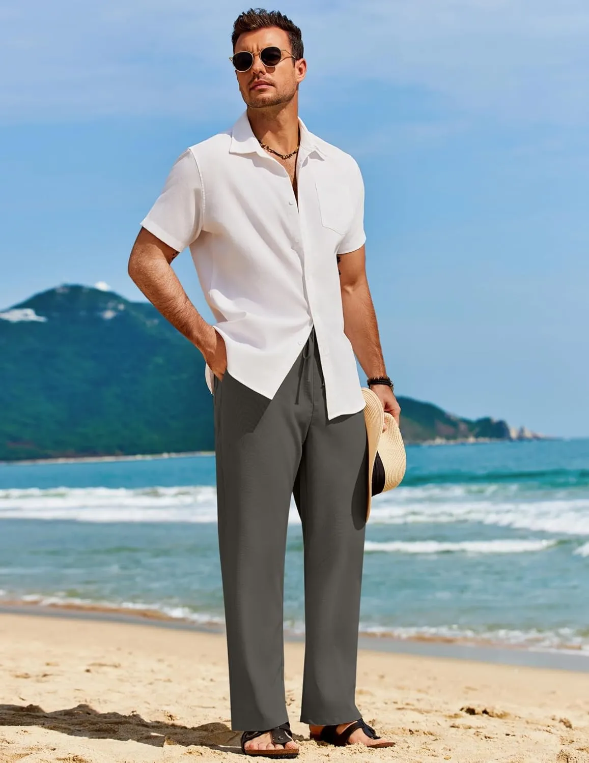 COOFANDY Men's Casual Linen Pants Loose Fit Elastic Waist Drawstring Lightweight Pant Summer Beach Trousers