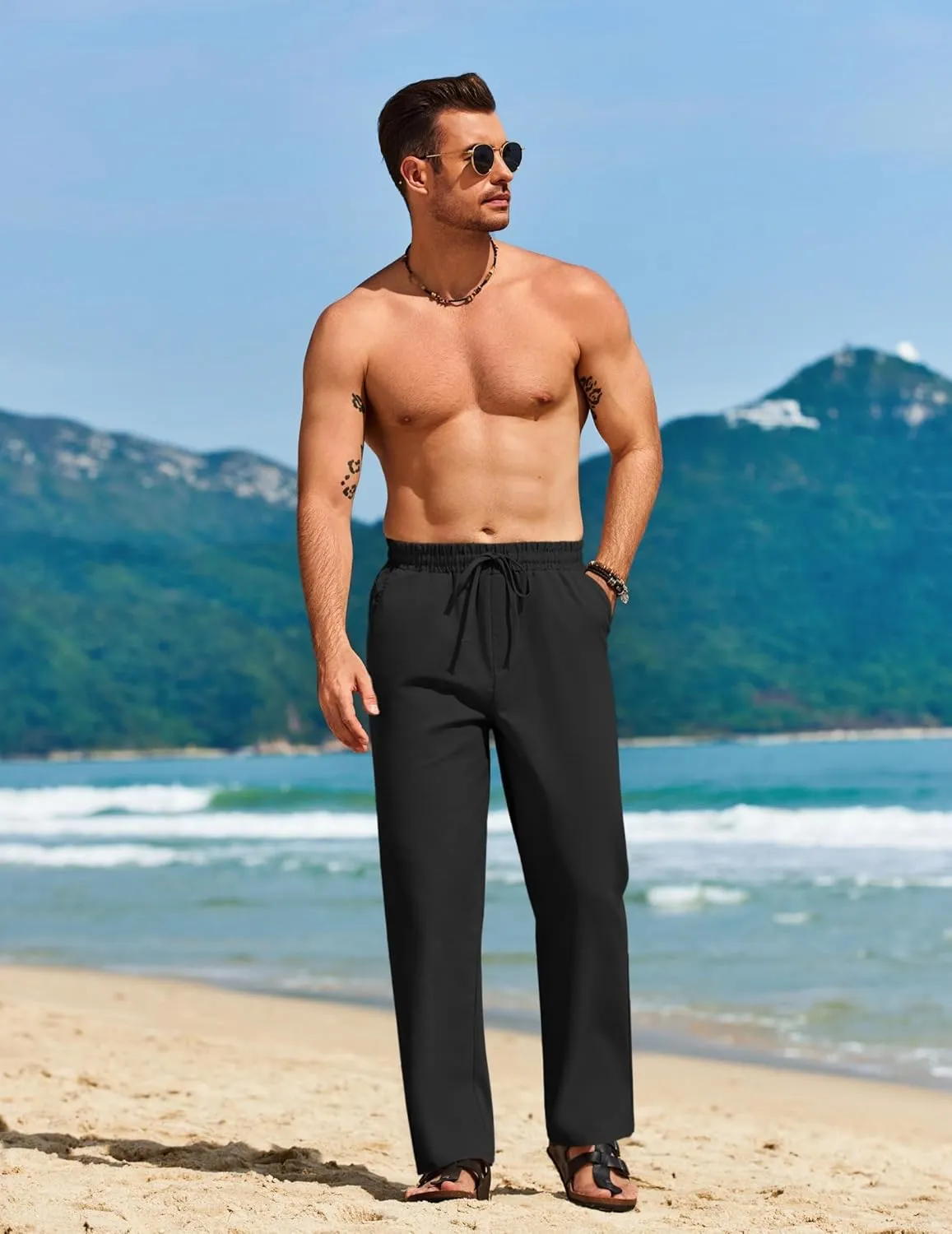 COOFANDY Men's Casual Linen Pants Loose Fit Elastic Waist Drawstring Lightweight Pant Summer Beach Trousers