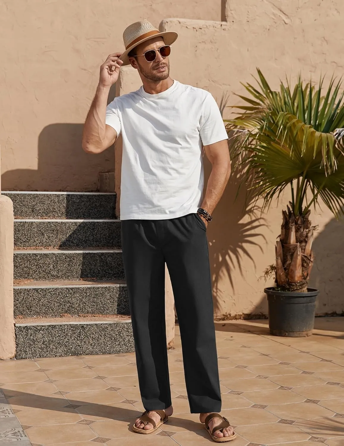 COOFANDY Men's Casual Linen Pants Loose Fit Elastic Waist Drawstring Lightweight Pant Summer Beach Trousers