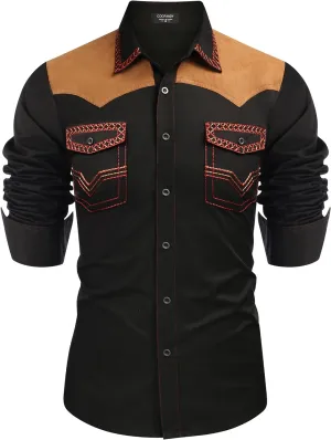 COOFANDY Men's Western Cowboy Shirt Embroidered Long Sleeve Slim Fit Casual Cotton Button Down Hippie Shirts with Pockets
