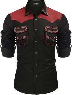 COOFANDY Men's Western Cowboy Shirt Embroidered Long Sleeve Slim Fit Casual Cotton Button Down Hippie Shirts with Pockets