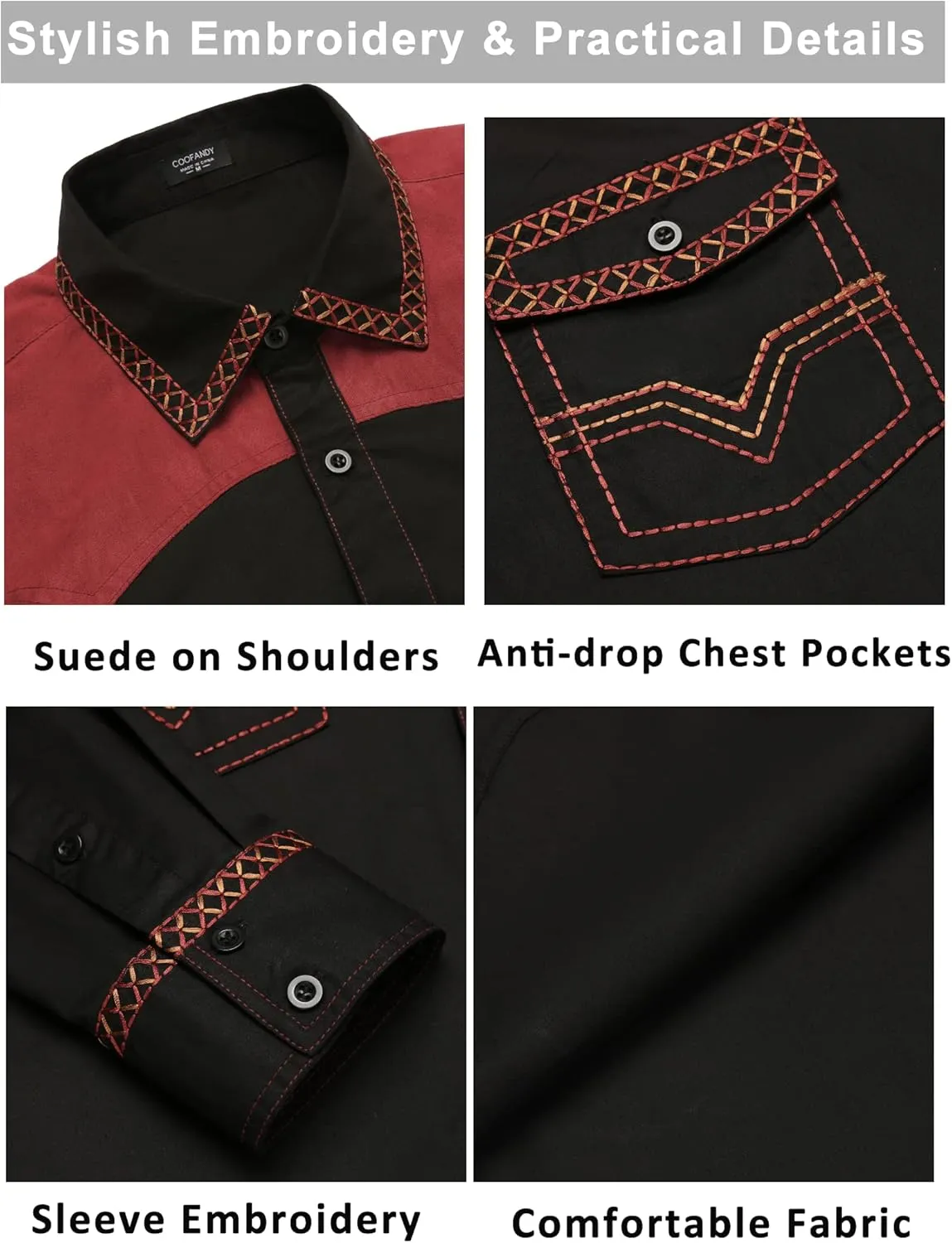 COOFANDY Men's Western Cowboy Shirt Embroidered Long Sleeve Slim Fit Casual Cotton Button Down Hippie Shirts with Pockets