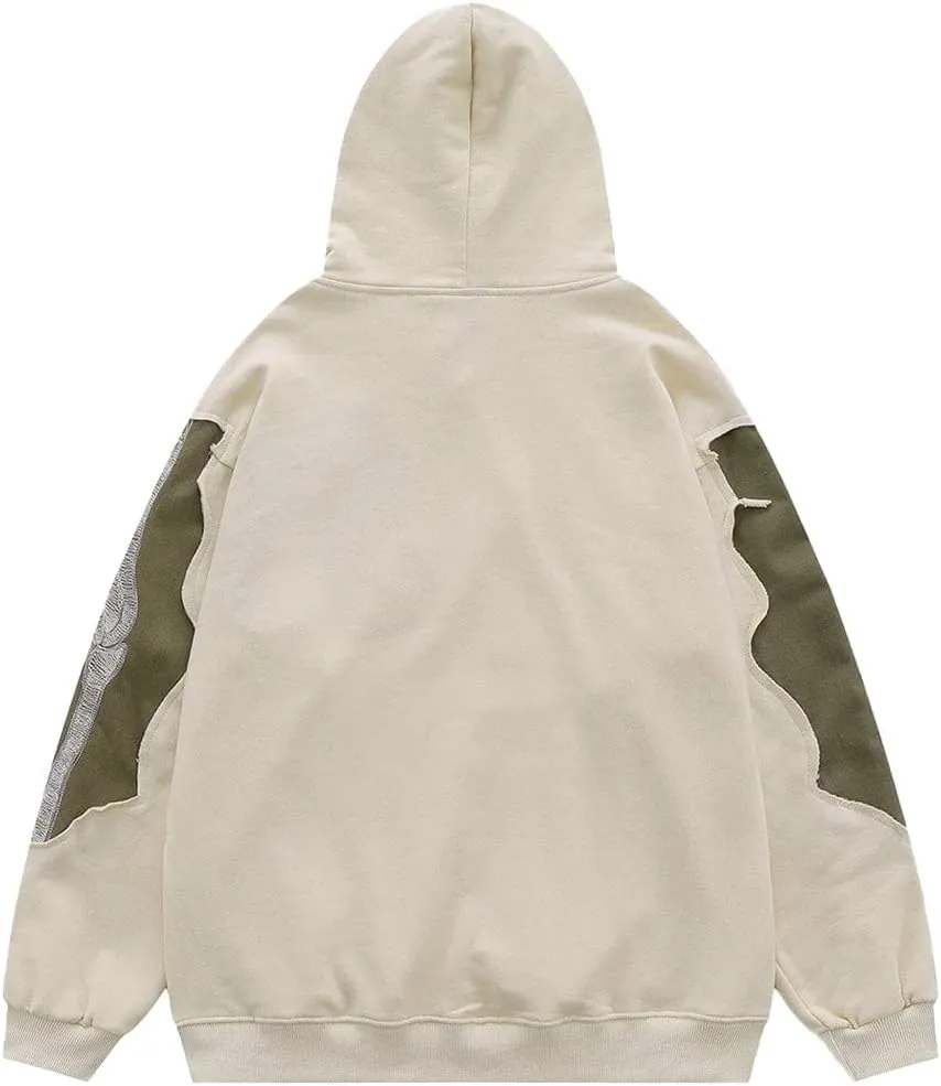 COOLMONAR Men's Vintage Oversized Embroidery y2k Hoodie Streetwear Zip-Up Hoodies Sweatshirt Casual Hooded