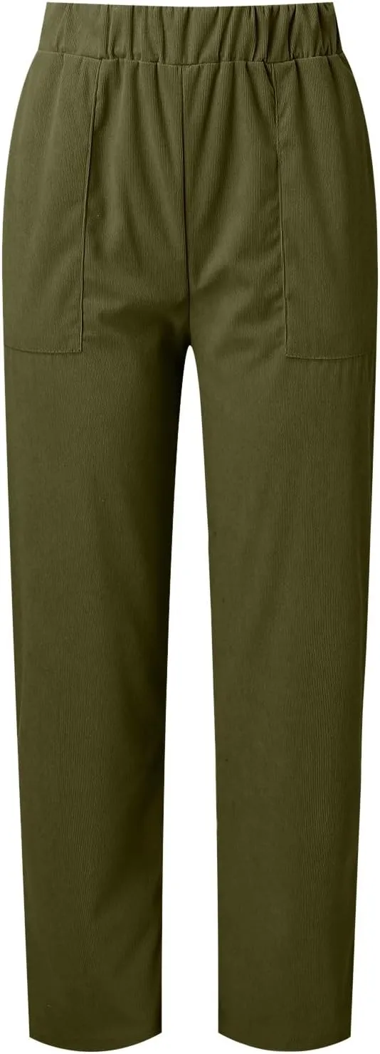 Corduroy Pants Women Fall Elastic High Waist Straight Wide Leg Pants Fall Winter Lounge Trousers with Pockets