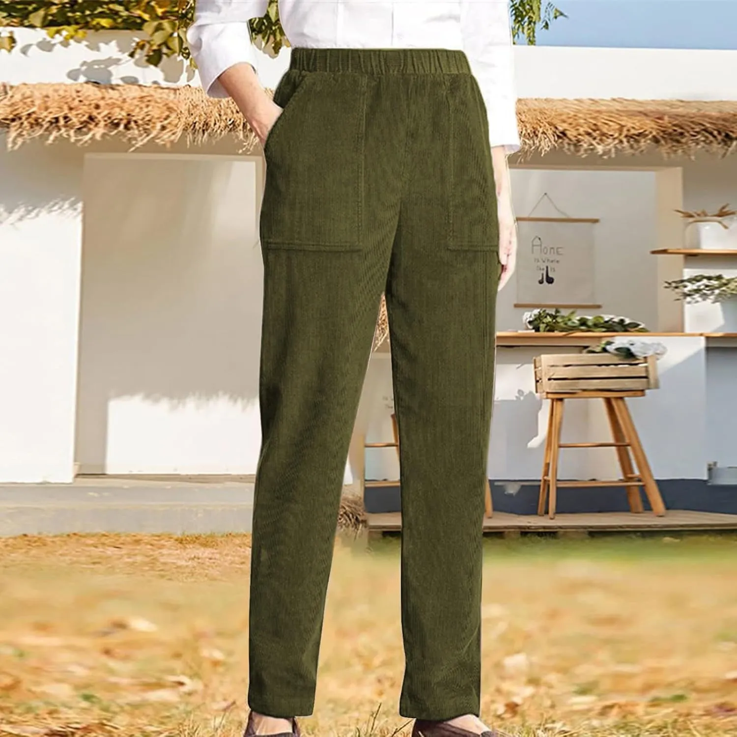 Corduroy Pants Women Fall Elastic High Waist Straight Wide Leg Pants Fall Winter Lounge Trousers with Pockets
