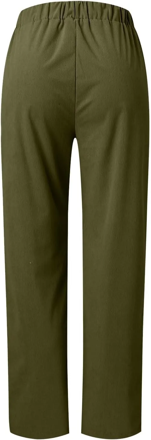 Corduroy Pants Women Fall Elastic High Waist Straight Wide Leg Pants Fall Winter Lounge Trousers with Pockets