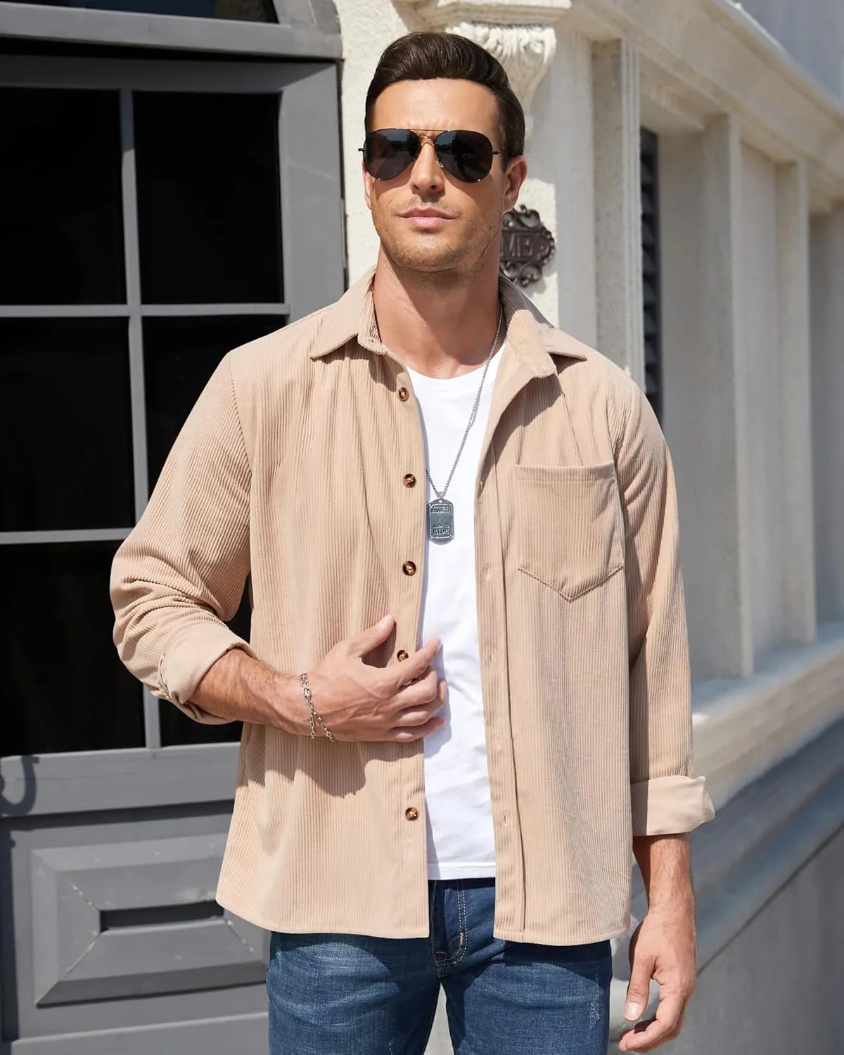 Corduroy Shirts for Men,Long Sleeve Button Down Casual Ribbed Shacket Slim Fit Lightweight Jacket