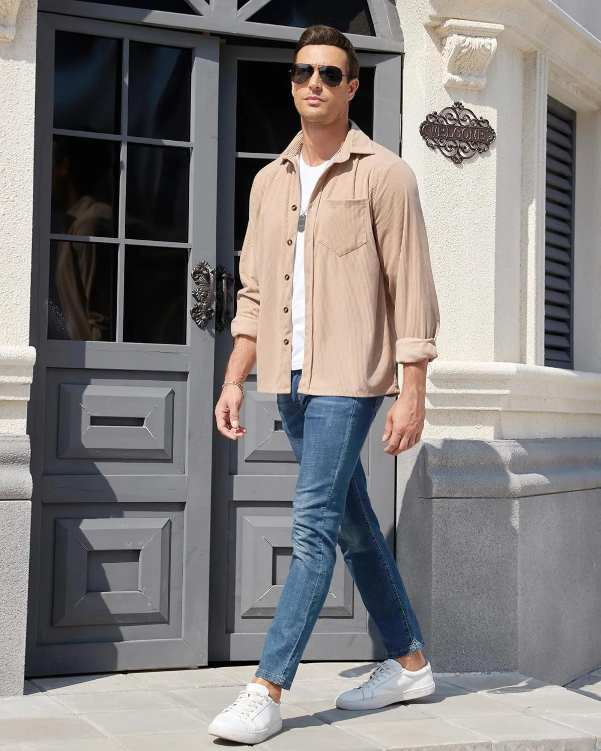 Corduroy Shirts for Men,Long Sleeve Button Down Casual Ribbed Shacket Slim Fit Lightweight Jacket