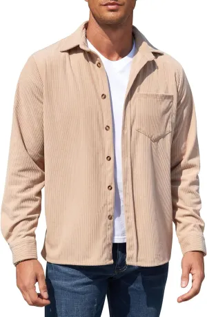 Corduroy Shirts for Men,Long Sleeve Button Down Casual Ribbed Shacket Slim Fit Lightweight Jacket