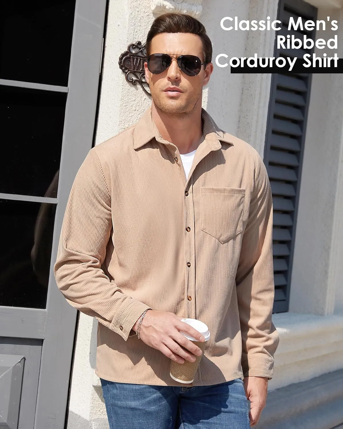 Corduroy Shirts for Men,Long Sleeve Button Down Casual Ribbed Shacket Slim Fit Lightweight Jacket