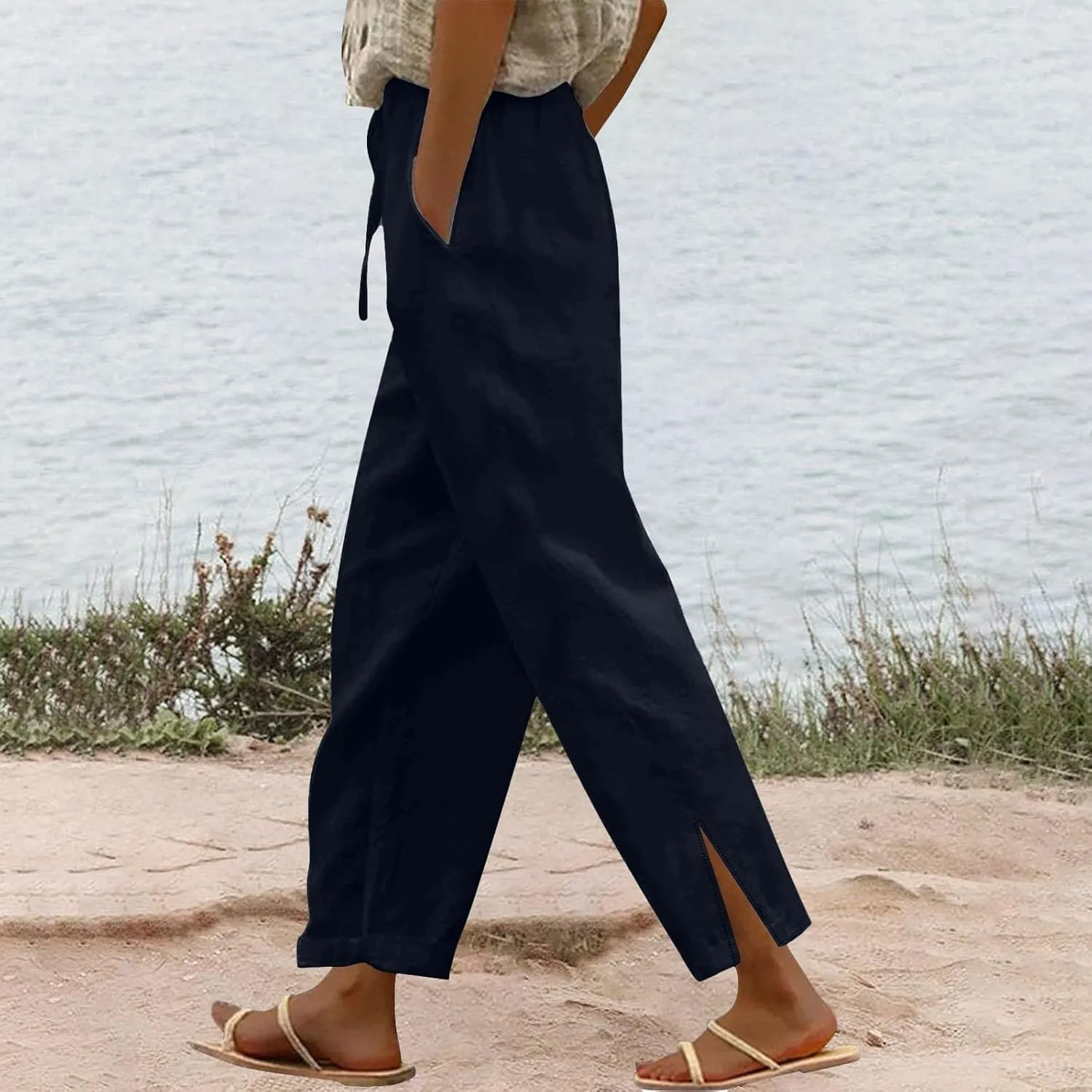 Cotton Linen Pants for Women Casual Drawstring Elastic Waist Summer Pants Boho Flowy Loose Beach Trousers with Pockets