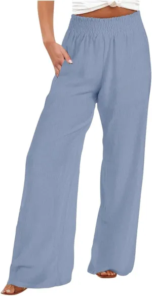 Cotton Linen Pants for Women Casual Loose Fit Elastic Waist Pants Fashion Solid Color Lounge Wide Leg Trousers