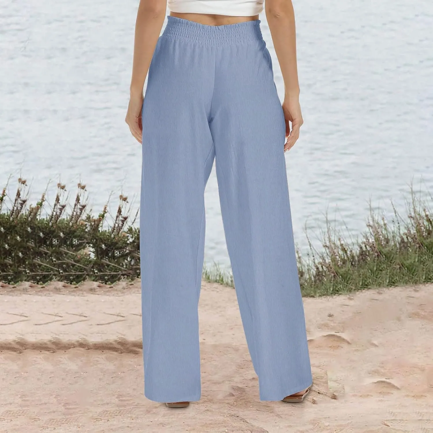 Cotton Linen Pants for Women Casual Loose Fit Elastic Waist Pants Fashion Solid Color Lounge Wide Leg Trousers