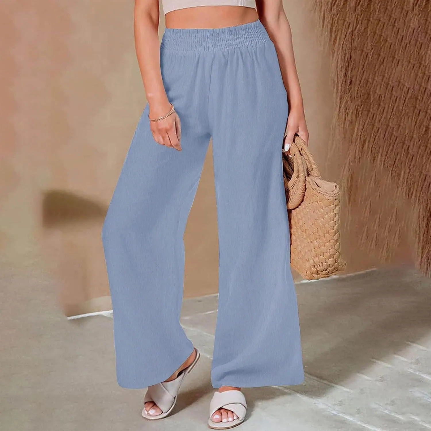 Cotton Linen Pants for Women Casual Loose Fit Elastic Waist Pants Fashion Solid Color Lounge Wide Leg Trousers
