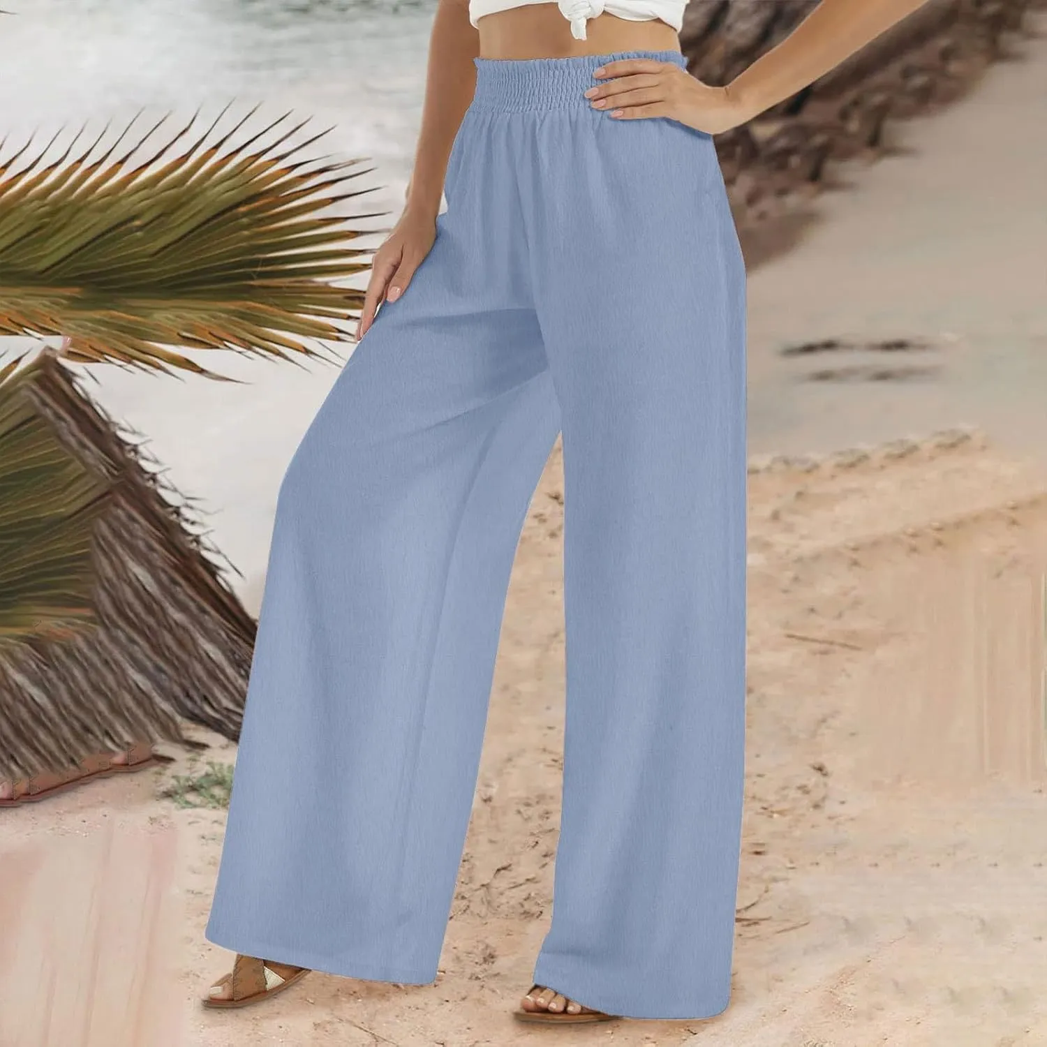 Cotton Linen Pants for Women Casual Loose Fit Elastic Waist Pants Fashion Solid Color Lounge Wide Leg Trousers