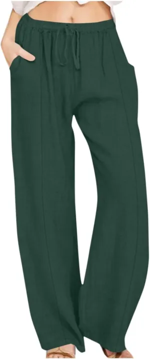 Cotton Linen Pants for Women Drawstring Waist Wide Leg Lounge Palazzo Pants Summer Casual Loose Trousers