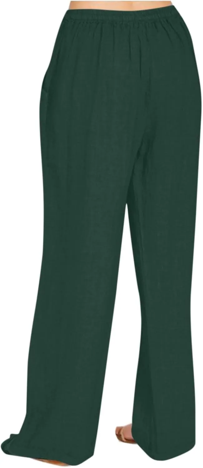 Cotton Linen Pants for Women Drawstring Waist Wide Leg Lounge Palazzo Pants Summer Casual Loose Trousers