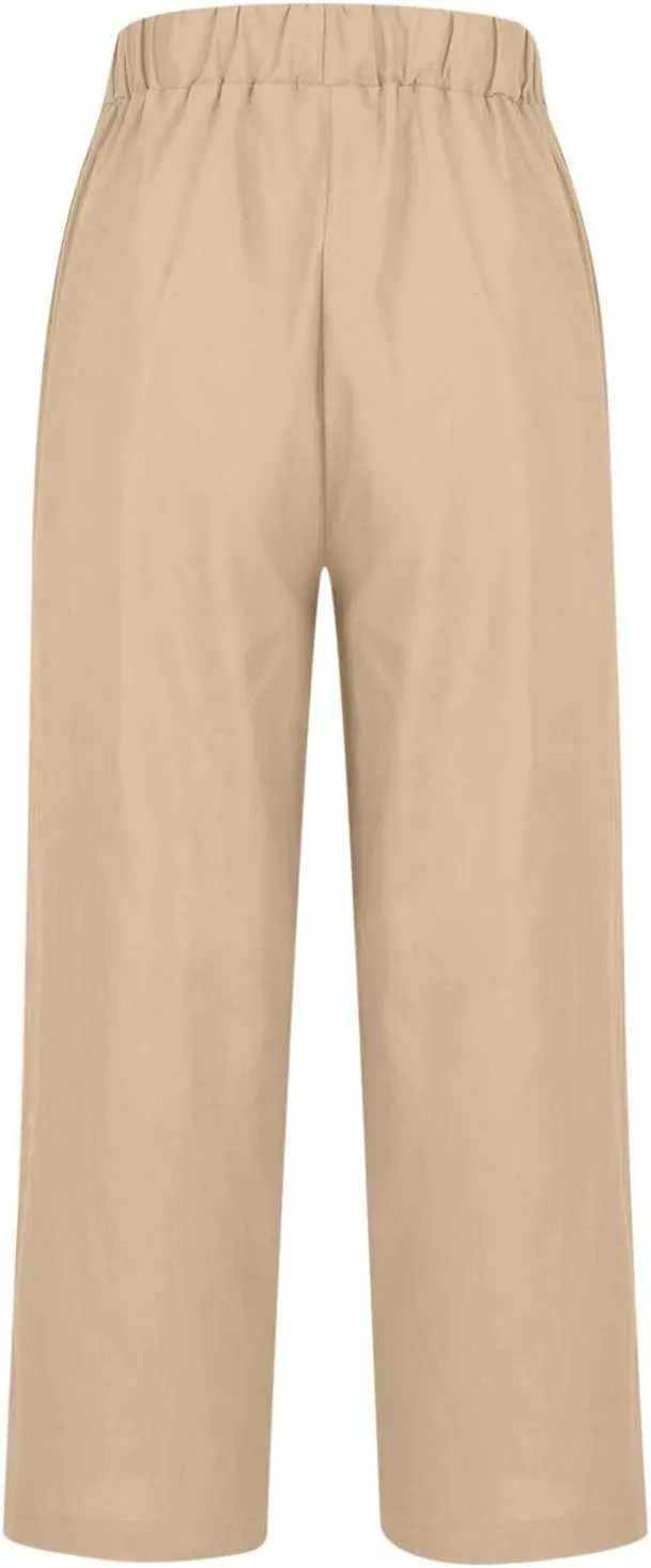 Cotton Linen Pants for Women Straight Leg Elastic Waist Pants Loose Fit Casual Trousers Plus Size Slack 2024 Fashion