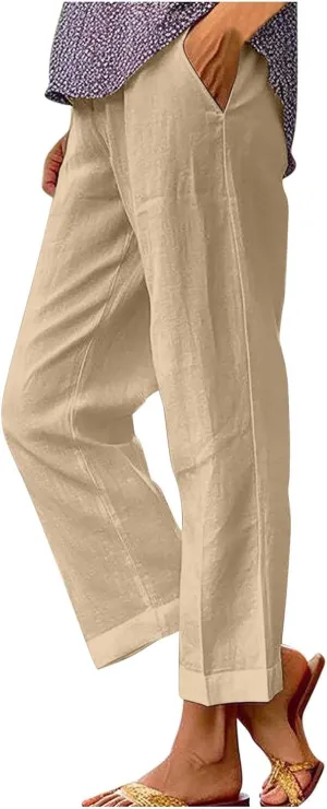Cotton Linen Pants for Women Straight Leg Elastic Waist Pants Loose Fit Casual Trousers Plus Size Slack 2024 Fashion